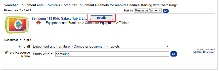 Search results show a tablet with the Details button circled in red.